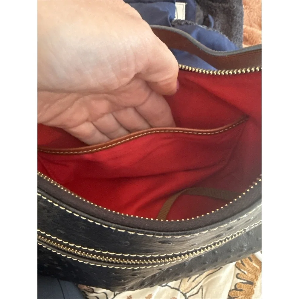 Dooney & Bourke Black Ostrich Embossed Leather Hobo Shoulder Bag Red Lining